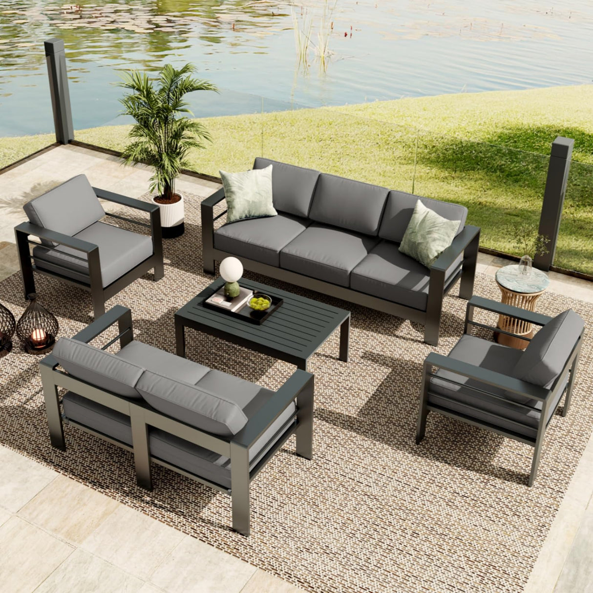 7 Seats Aluminum Patio Furniture Set, 5 PCS Outdoor Sectional Conversation Set with 4" Wide Armrest, Backyard Sectional Sofa Set with Coffee Table & Thick Cushions, Grey GAOMON