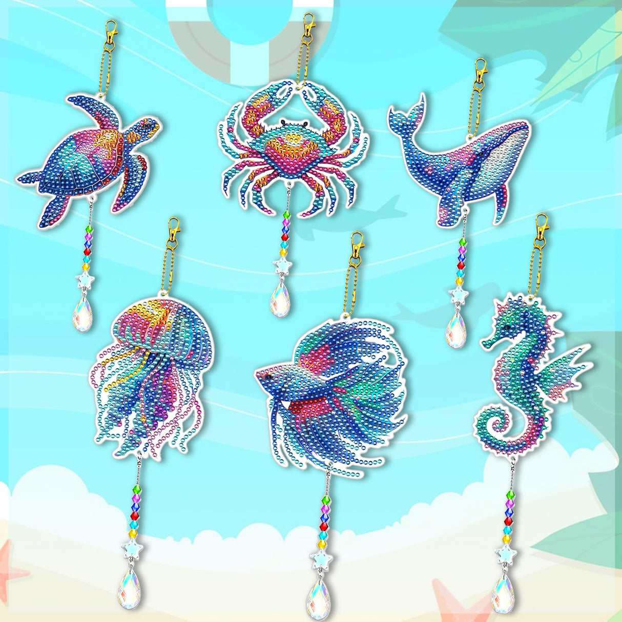 JeCuiK 6 Pcs Ocean Diamond Art Kits for Adults Diamond Painting Wind Chimes Sea Animal Diamonds Painting Suncatcher Double Sided Small Diamond Painting Kits Best Gifts for Mom JeCuiK