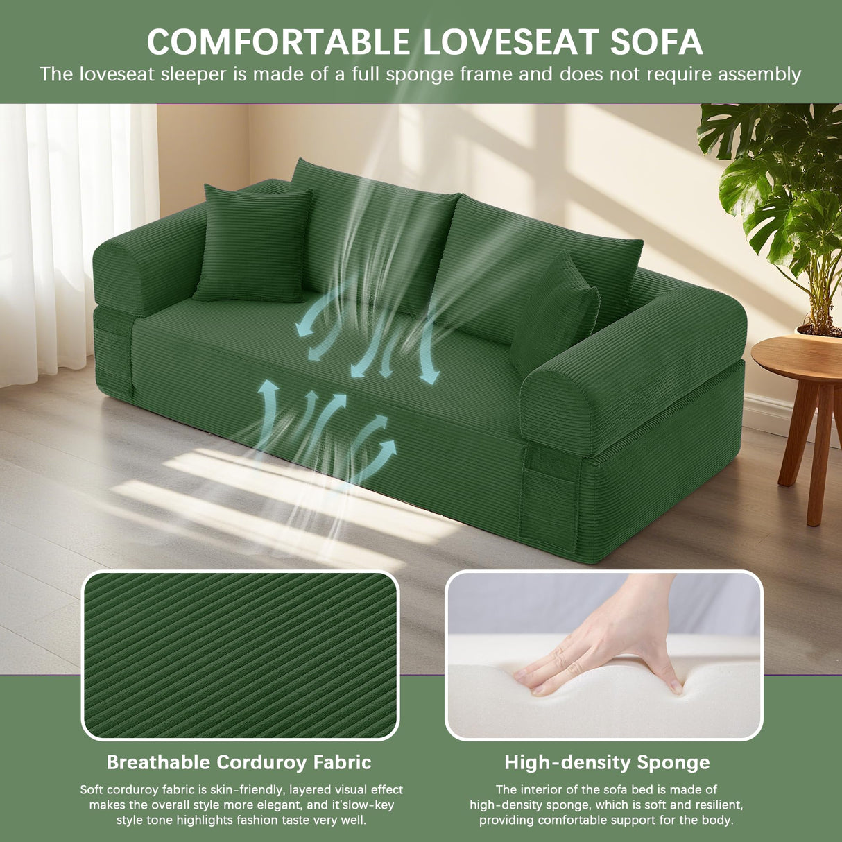 83" Modern Sofa in a Box, No Assembly Oversized 3 Seater 28" Deep Seat Cloud Sofa Bed Couch with 4 Furry Pillows & Corduroy Fabric, Boneless Couch with Side Storage Pockets for Living Room, Green Zyerch
