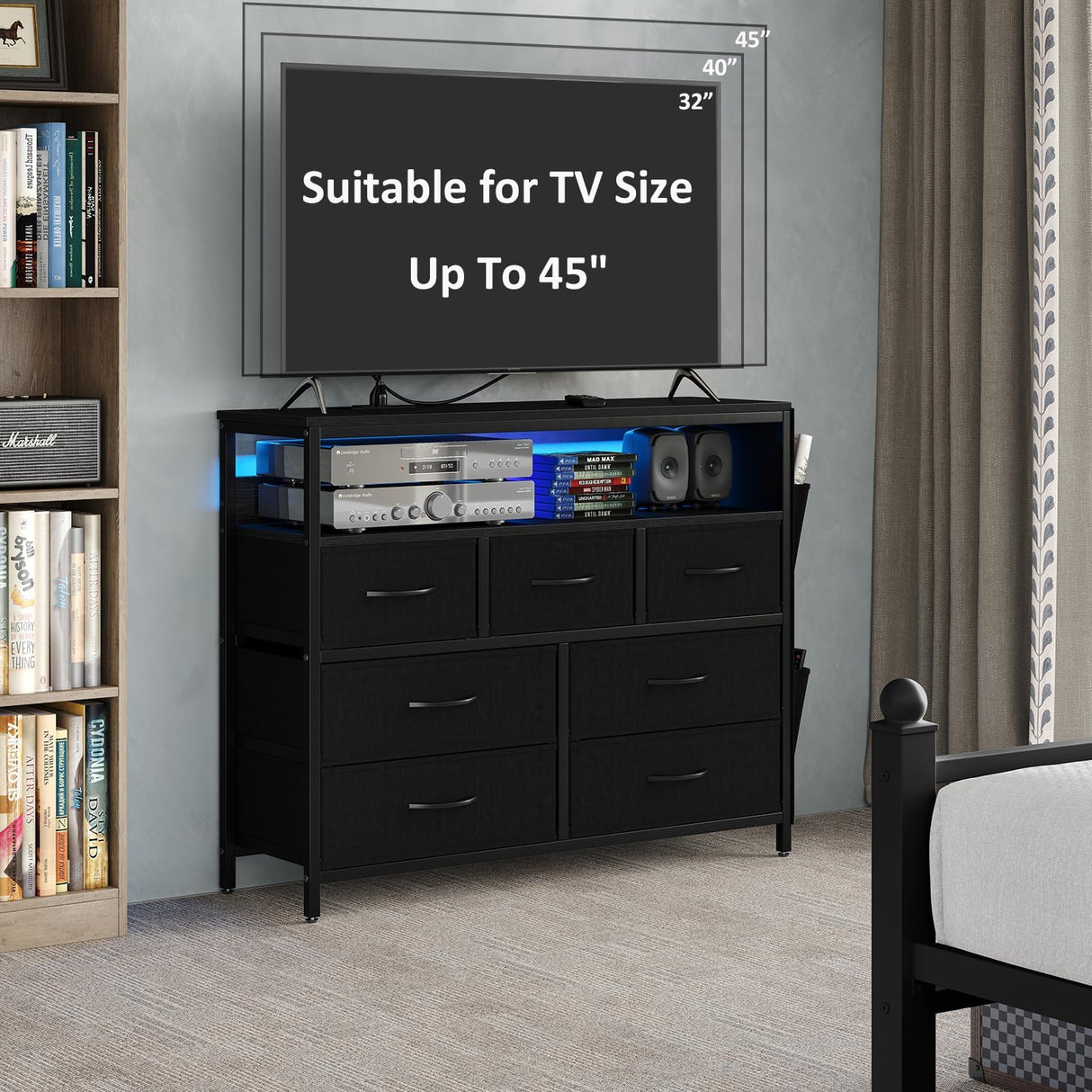 CollaredEagle 7 Drawer Dresser with Charging Station, TV Stand Fabric Storage Tower for Bedroom,Storage Drawers with LED, Wooden Top for TV up to 43 inch, for Bedroom, Living Room, Entryway, Black CollaredEagle