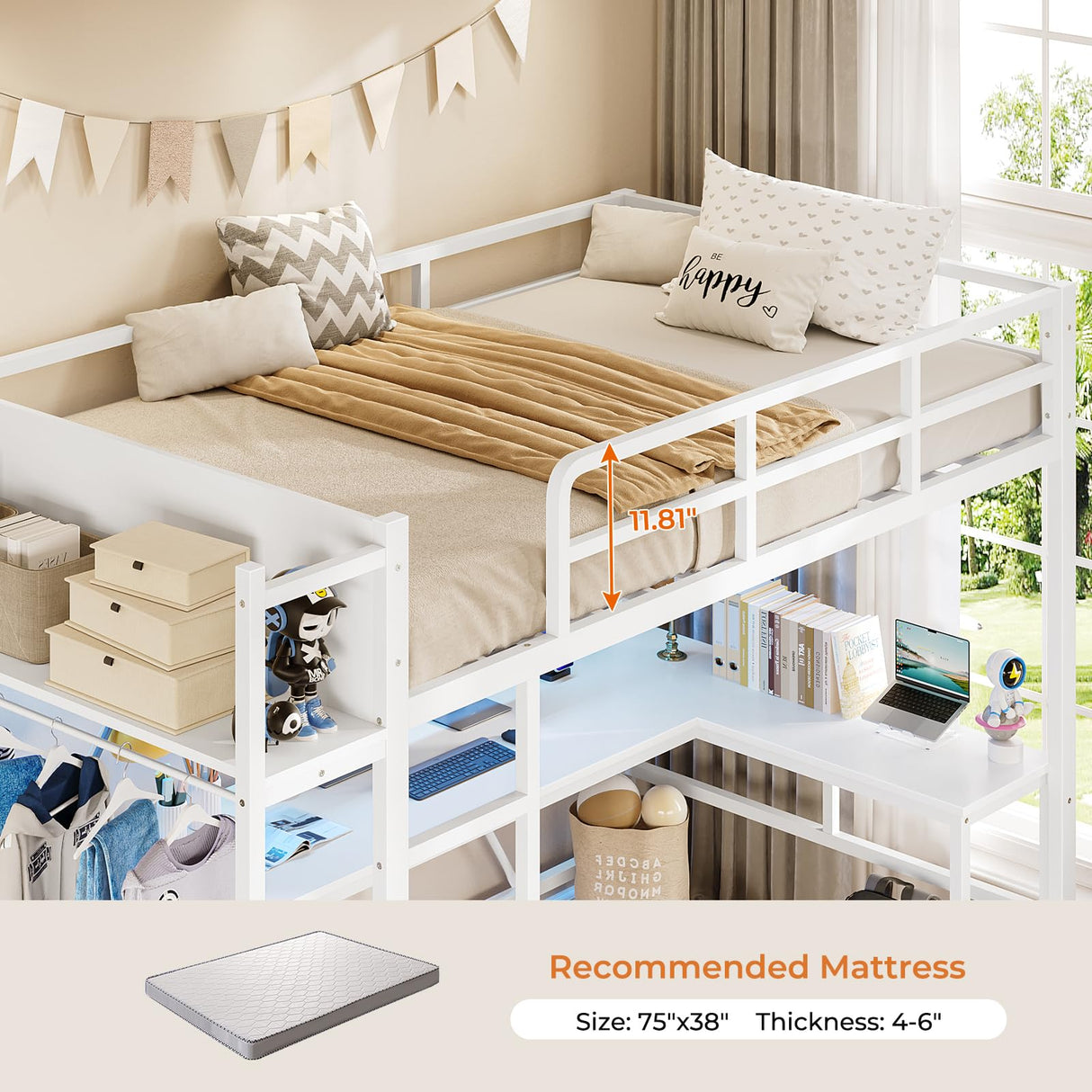 Itaar Twin Loft Bed with L-Shaped Desk, LED Lights and Charging Sation, Loft Bed Twin Size with 3-Tier Storage Shelves and Clothes Rail, Safety Guard & Ladder, No Box Spring Needed, White Itaar