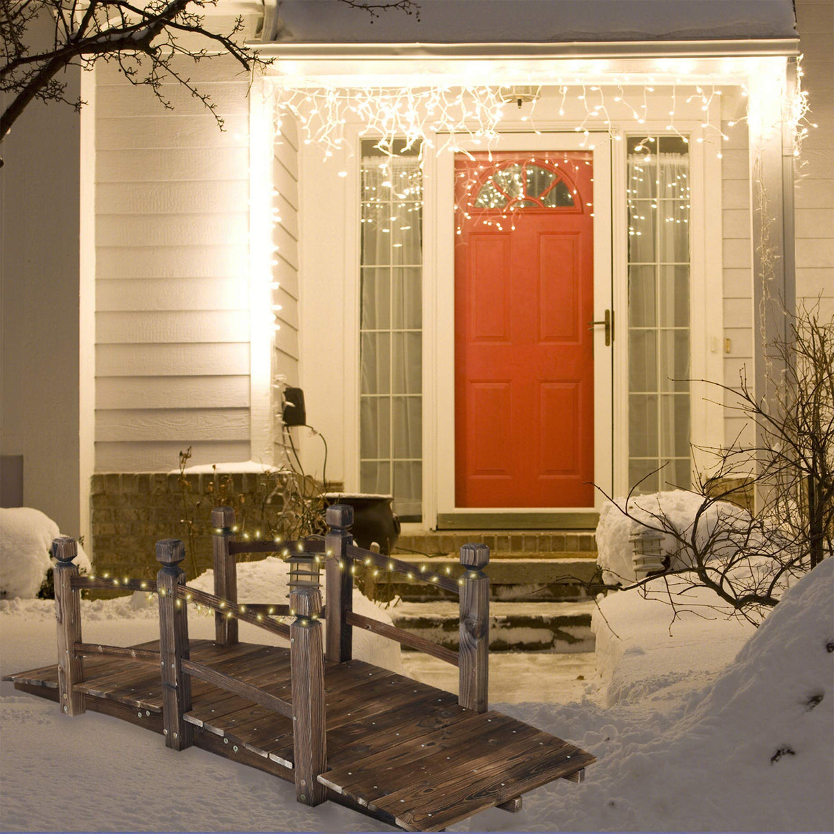 5FT Wooden Garden Bridge Arch Stained Finish Footbridge Decorative Backyard Bridge with Double Safety Railings Outdoor Lawn Pond Bridge Walkway for Garden Yard Patio Courtyard Farm Stream Creek RELIANCER