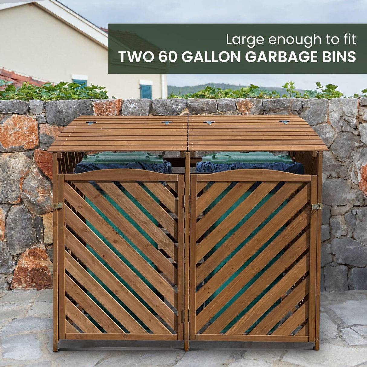 Hanover Outdoor 4.9-ft. x 4-ft. Wooden Trash Bin and Recyclables Storage Shed in Brown, Weather Resistant Trash Can Storage Container with Locking Latch for Lawn, Carport, Driveway Hanover