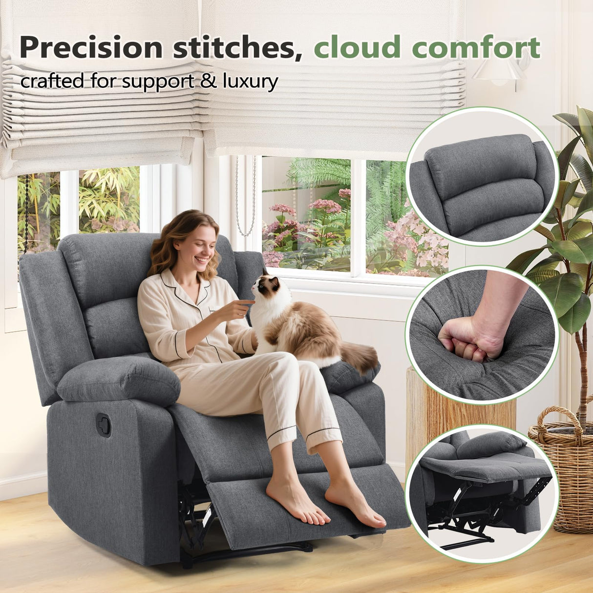 ANJ Fabric Recliner Chair Set of 2, with Overstuffed Arm and Back, Comfy Gray Manual Reclining Chairs for Adults, Living Room Single Sofa Recliners ANJ