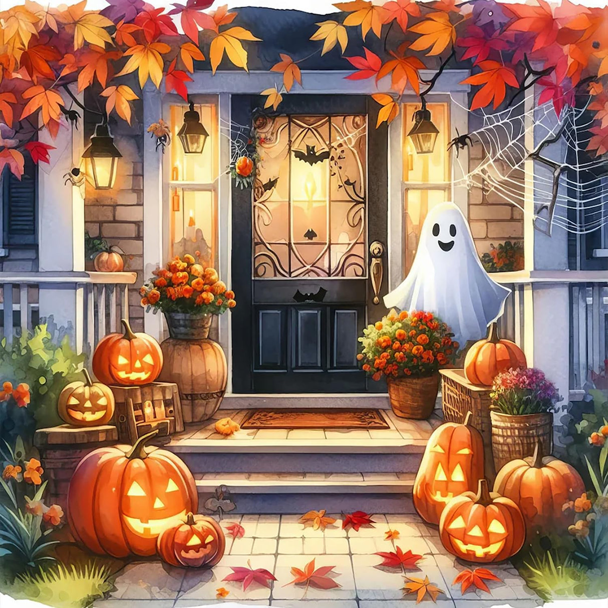 Autumn Pumpkin Ghost Leaf Diamond Art Kits for Adults, 5D Diamond Painting Kits for Adults Beginners, DIY Full Round Drill Diamond Dot Painting Gem Art Kits for Adult, Home Wall Decor 13.8x13.8 Inch VCLKDIY