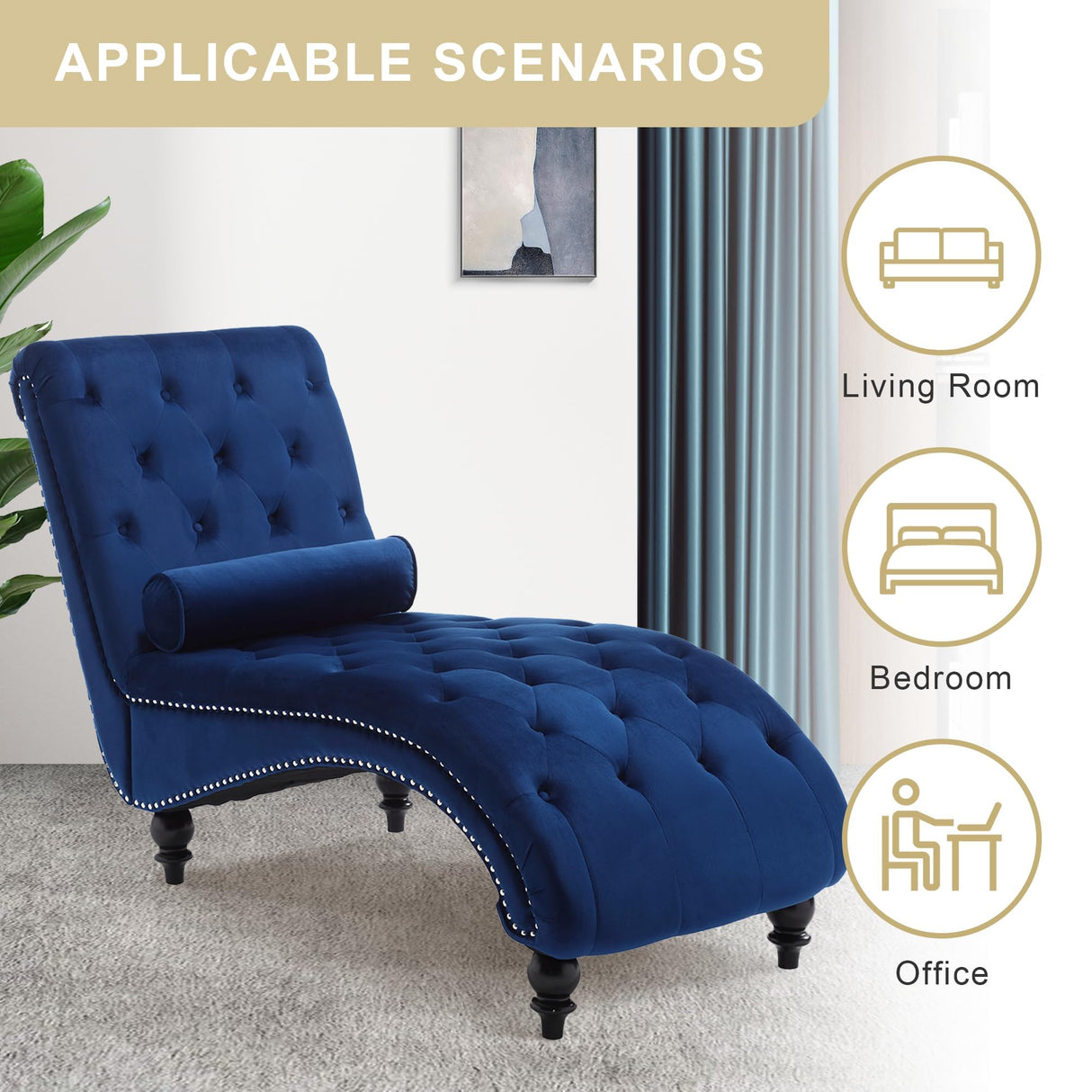 binzida Velvet Chaise Lounge Indoor,Button-Tufted Upholstered Chaise Lounge Chair with Pillow for Bedroom Living Room Office Modern Backrest Leisure Recliner Sleep Sofa (Blue) binzida
