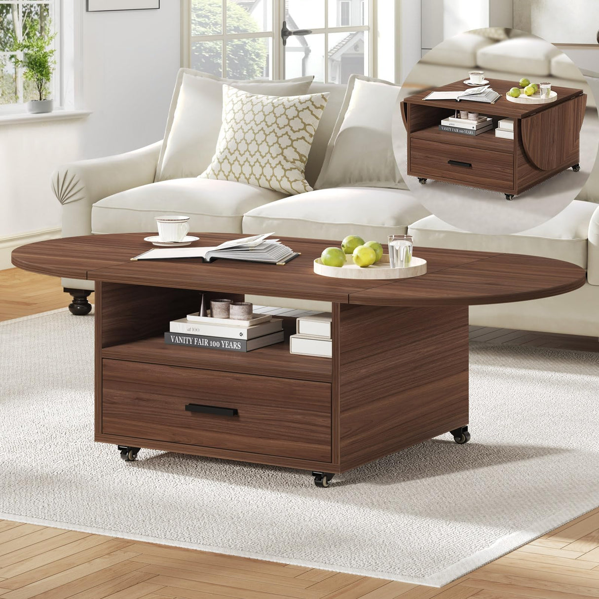IBF Foldable Coffee Table with Drawer, Wood Living Room Table with Storage, Multifunctional Oval Center Table with Wheels, Extendable Rolling Tea Table for Living Room Home Office, Walnut, 47 Inch IBF