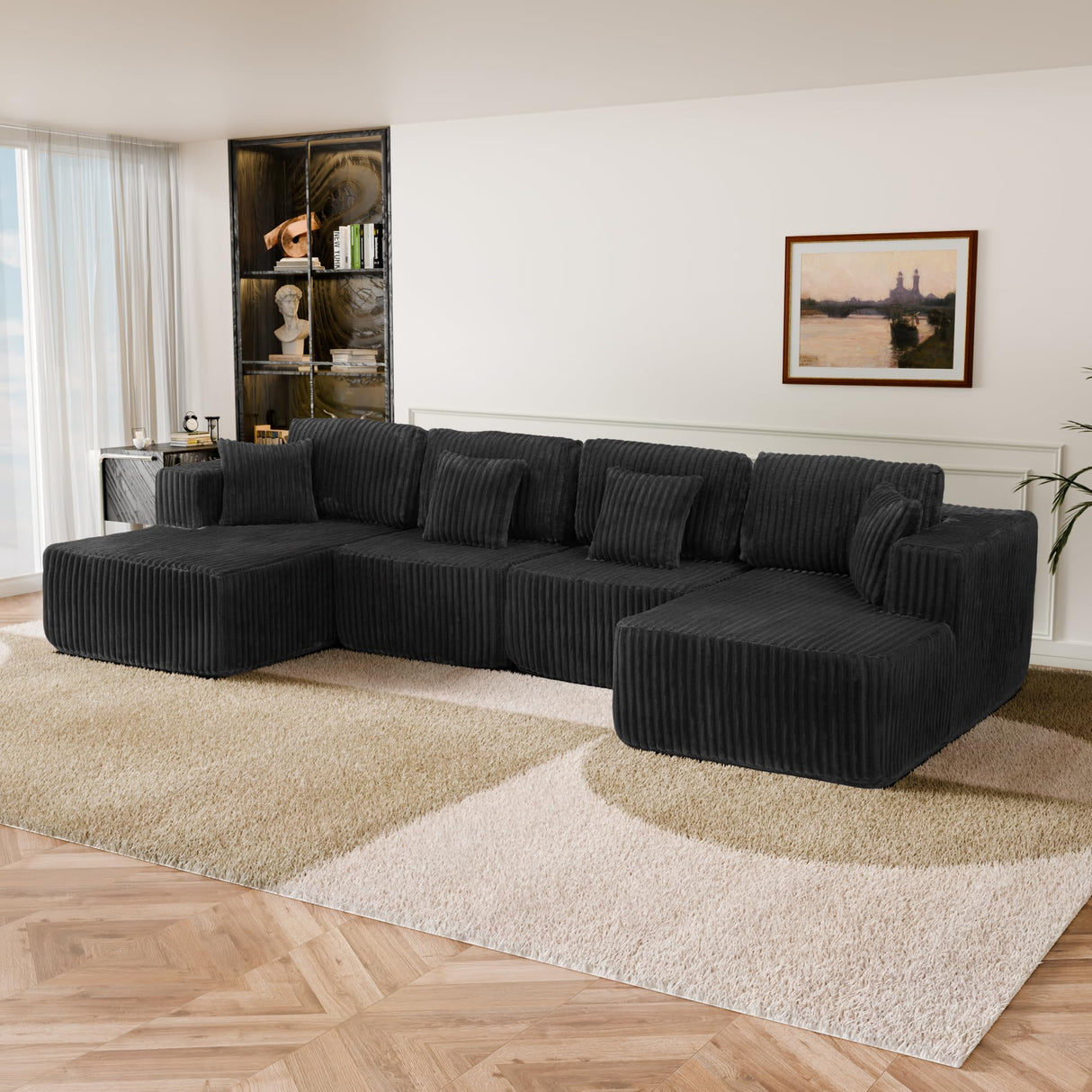 Trygoal 132" U Shaped Couch, Modular Sectional Sofa with Chaise, Corduroy U Shaped Boneless Couch with Deep Seat, Upholstered Modular Cloud Sofa for Living Room, No Assembly Required, Black Trygoal