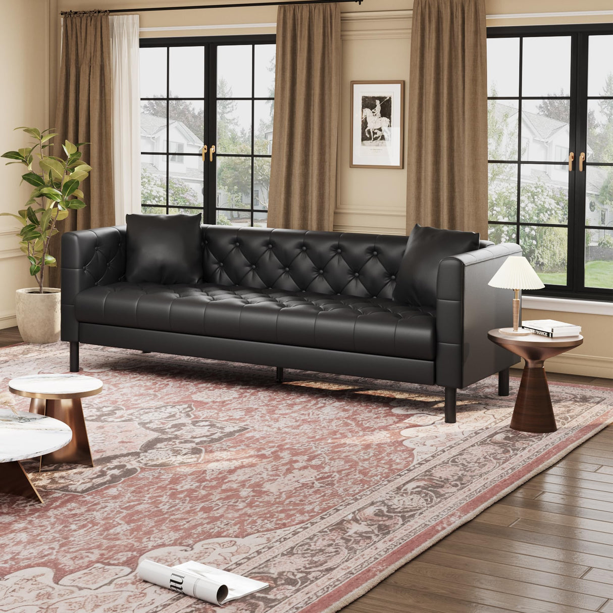 GarveeHome 81 in Leather Couch for Living Room, Modern Leather Sofa with Deep Seat, Handmade Button Tufted 3 Seater Sofa, Chesterfield Couch for Apartment, Office, Black GarveeHome