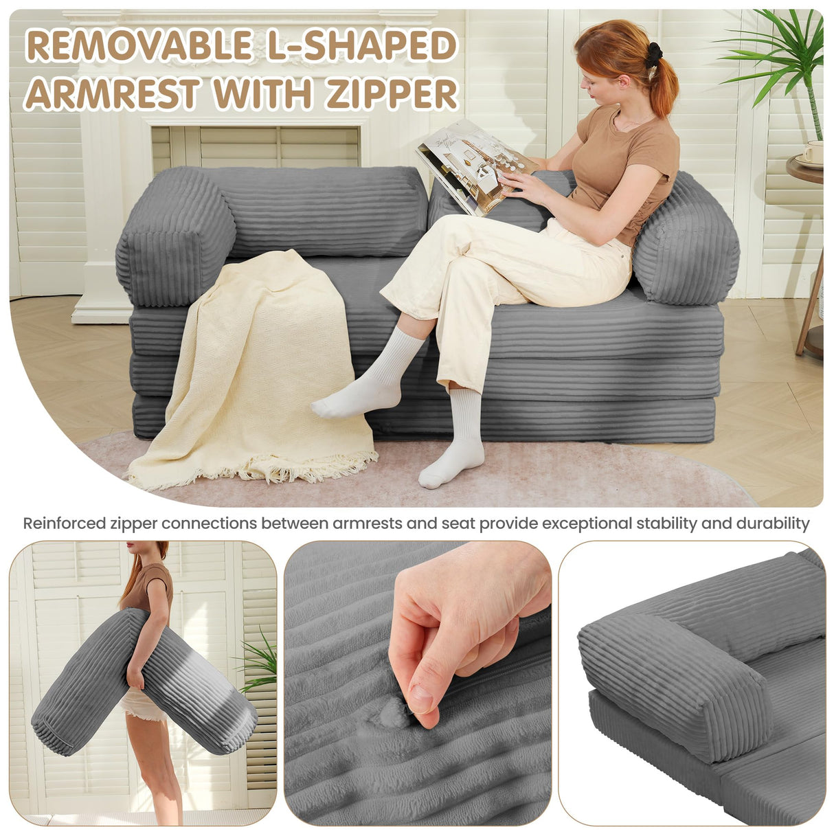 5-in-1 Convertible Sofa Bed Queen,Tri-Fold Mattress with Removable L-Shaped Armrests,Corduroy Boneless Couch Floor Sofa Futon Couch Sleeper with Pull Out Bed for Living Room Bedroom Apartment feliz home