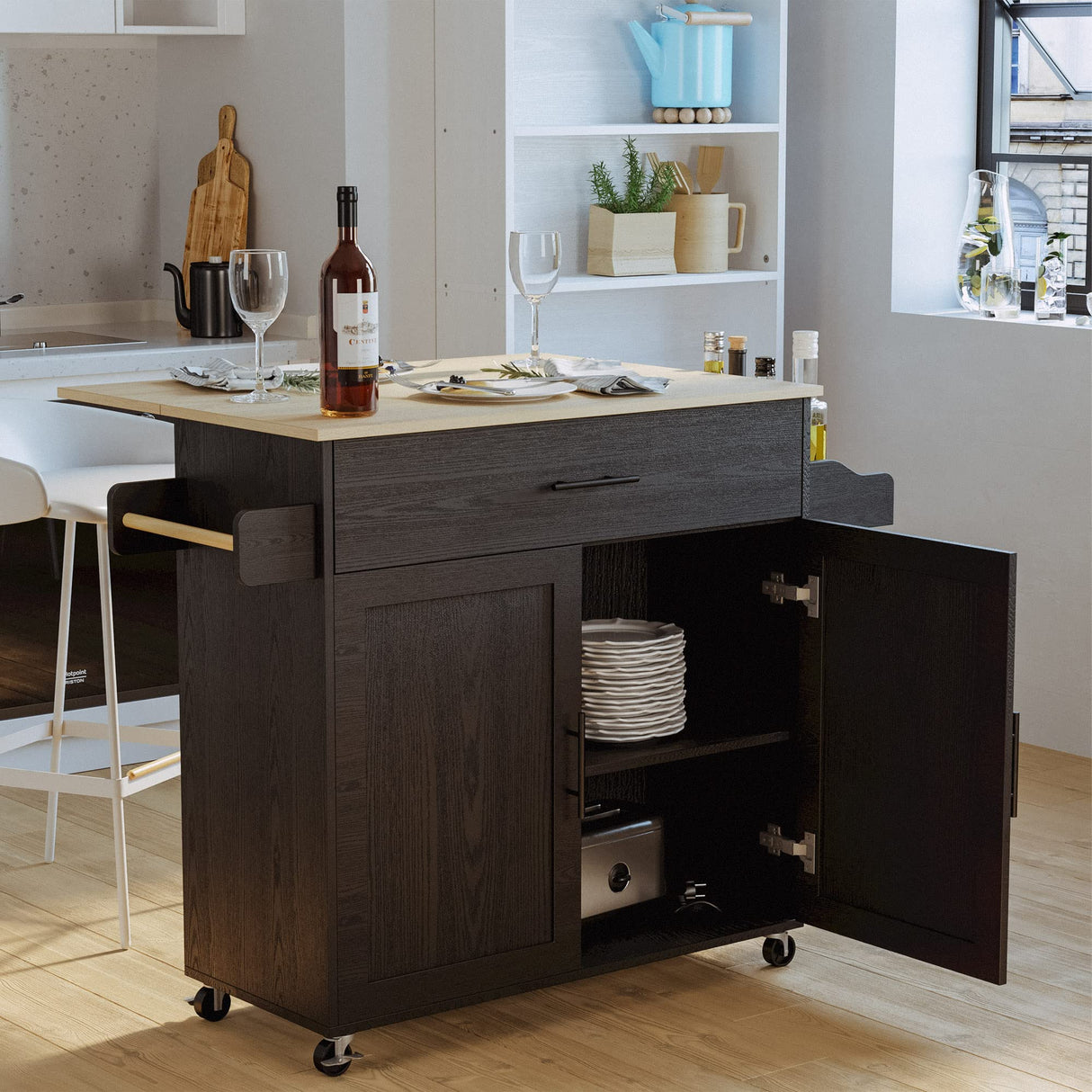 Rolling Black Kitchen Island Cart with Drop Leaf, Storage Cabinet & Spice Rack by IRONCK IRONCK