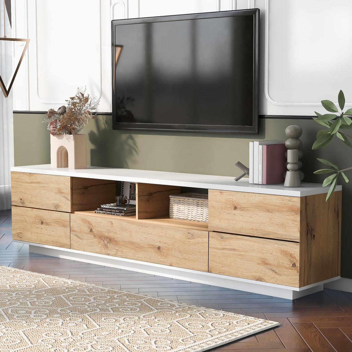 Merax Wood TV Stand Entertainment Center with Storage Cabinets & Open Shelves, Modern TV Console Table for TVs Up to 80” for Living Room Bedroom (Natural) Merax