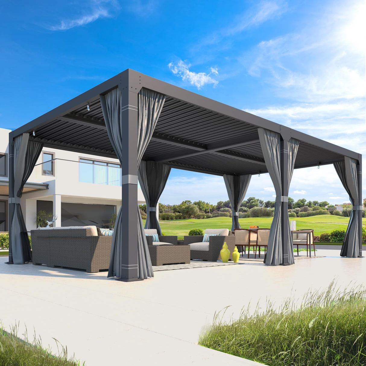 MELLCOM Louvered Pergola 12x24, Aluminum Pergola with Adjustable Louvered Roof, Outdoor Pergola with Waterproof Curtains and Nets, Dark Grey MELLCOM