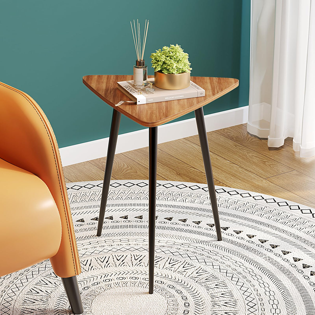 SAYGOER Small End Table Mid Century Triangle Side Table Unique Night Stand Rustic Farmhouse Bedside Table Retro Accent Sofa Table for Living Room Bedroom Easy Assembly,Walnut Oak SAYGOER