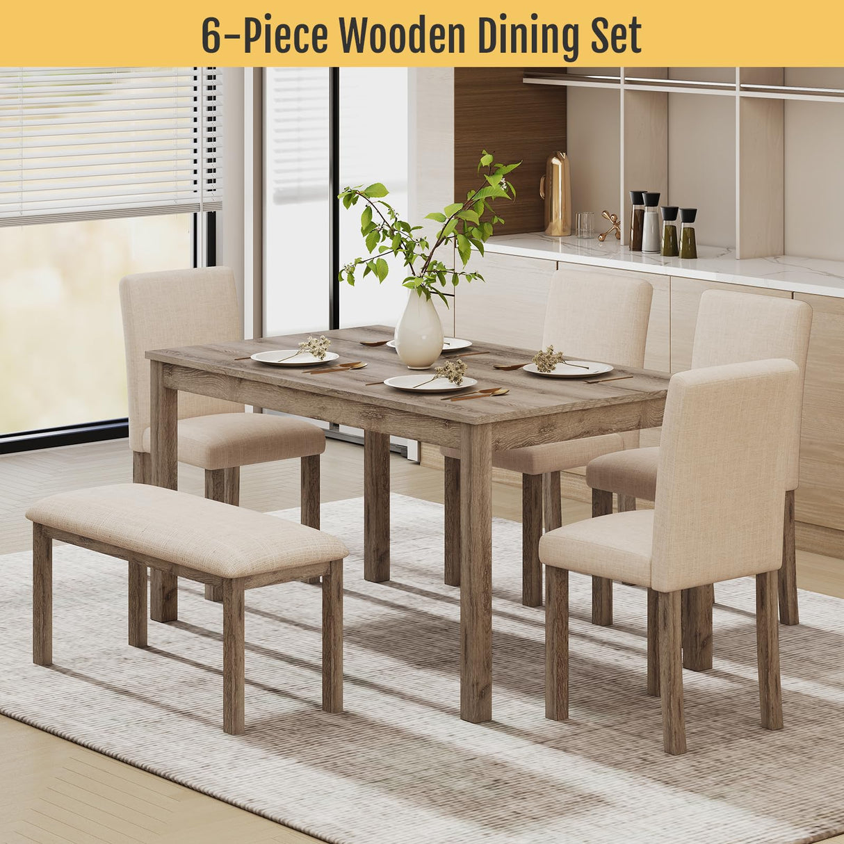 Zevemomo 6-Piece Solid Wood Dining Table Set, Including 1 Dining Table, 4 Upholstered Chairs and 1 Bench, Wooden Legs Dining Table Set for Dining Room, Kitchen, Restaurant, Brown Zevemomo