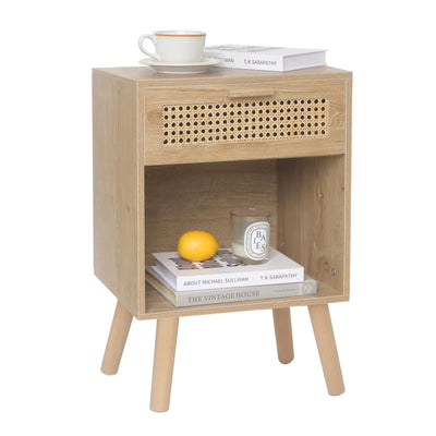 MaxSmeo Rattan Nightstand, Small Wood Bedside Table with Drawer and Shelf, Mid Century End Table for Bedroom, Living Room and Small Spaces (Rustic Walnut)