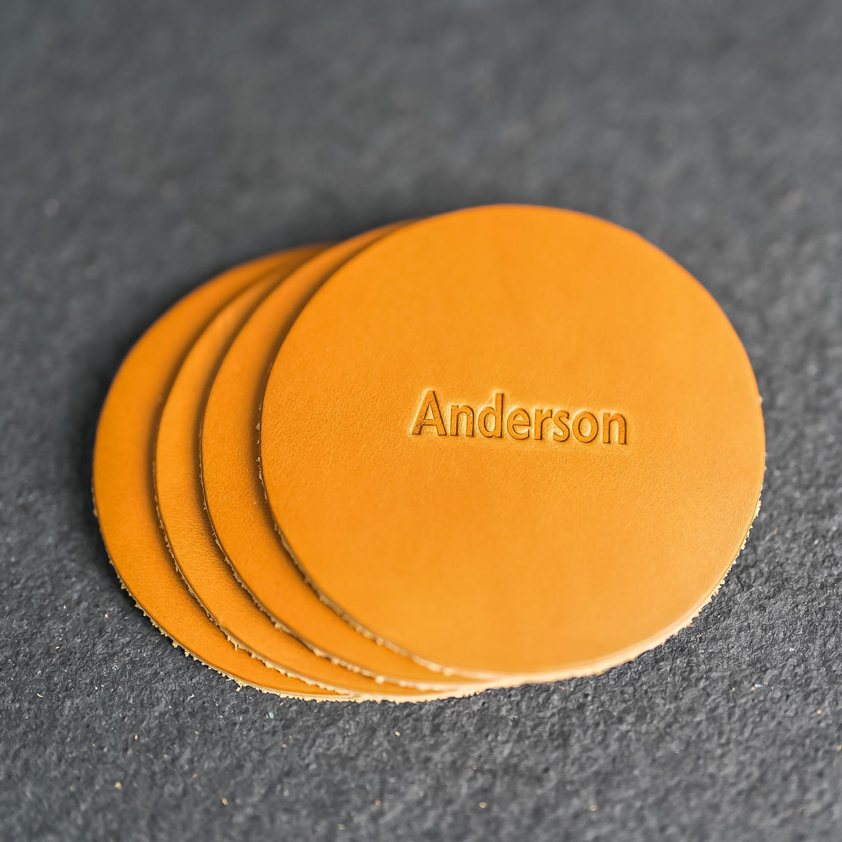 Ox & Pine Personalized Leather Coaster 4 pk - Customize Inscription- 100% Full-Grain Leather – 4" Round or 4" Square – (Stone Natural, Square) Ox & Pine