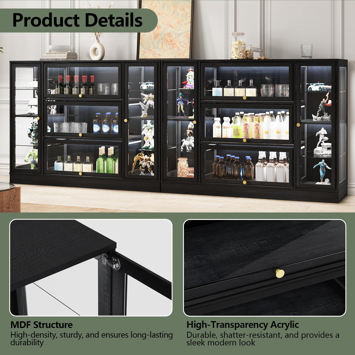 BONITURE Display Cabinet with Acrylic Glass Doors,Extra Wide Curio Cabinet with LED Lighting for Collectibles, Collectibles Toy Organizers Rack & Display Shelf Display Case, Black BONITURE