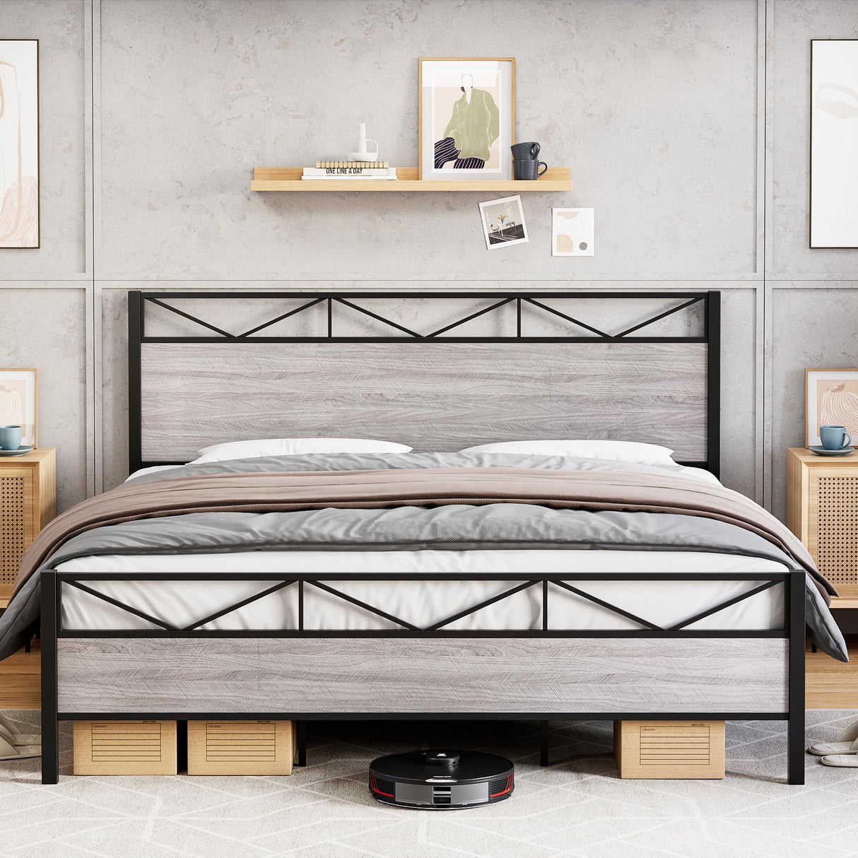 Senfot Heavy-Duty Queen Bed Frame with Rustic Grey Wood Headboard and Footboard Senfot