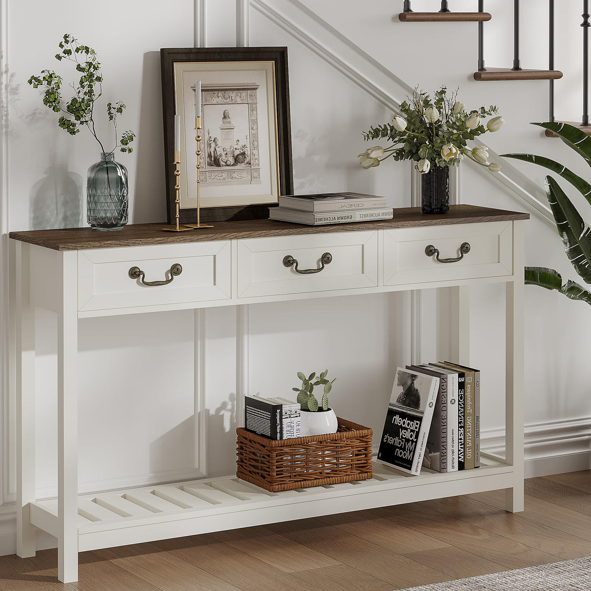 ChooChoo Farmhouse Console Table with 3 Drawers, Rustic Entryway Table, Narrow Long Sofa Table for Living Room, Hallway, Behind Couch, Soft White and Brown ChooChoo