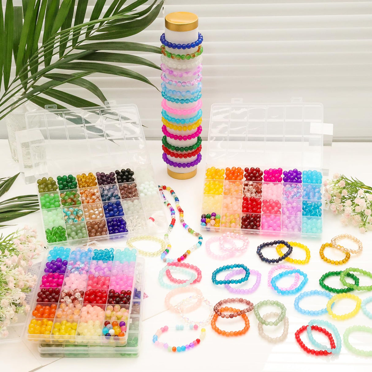 XSEINO 2400 PCS 8mm Glass Beads Bracelet Making Kit, 47 Colors Crystal Beads for Jewelry Making and DIY Crafts,4 Box Round Beads Suitable for Beginners XSEINO