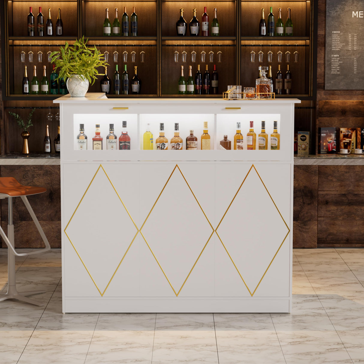 PAKASEPT Reception Desk with LED Lights, L-Shaped Modern Front Desk with Glass Display Shelf, Reception Counter Table for Lobbies, Salons, Retail, Home Offices (White) PAKASEPT