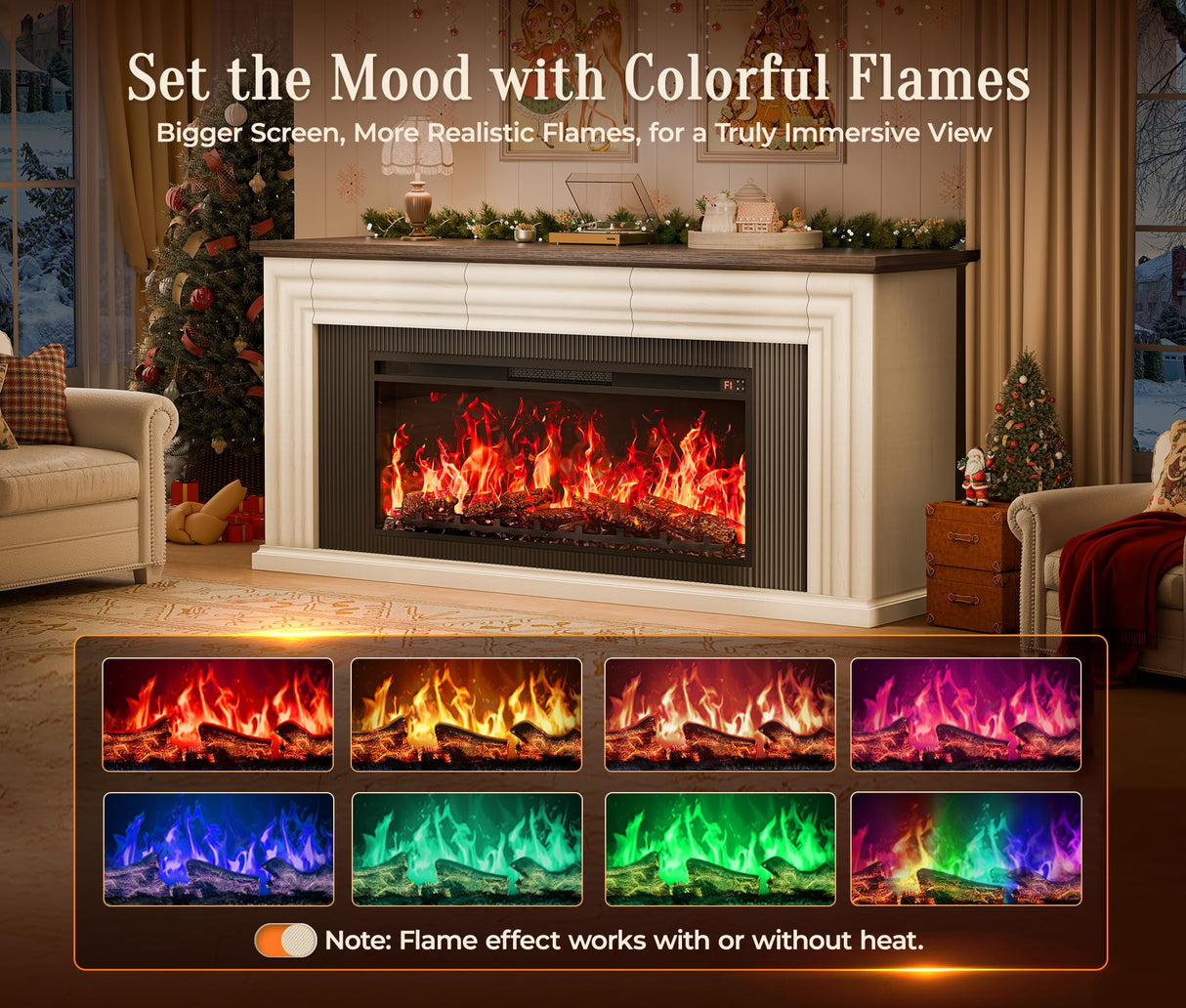 PRAISUN 70'' Fireplace TV Stand with 42'' Electric Fireplace, Farmhouse TV Stand for 65 75 Inch TV, Entertainment Center TV Console with 3 Drawers, Fluted Design, for Living Room, Distressed White PRAISUN