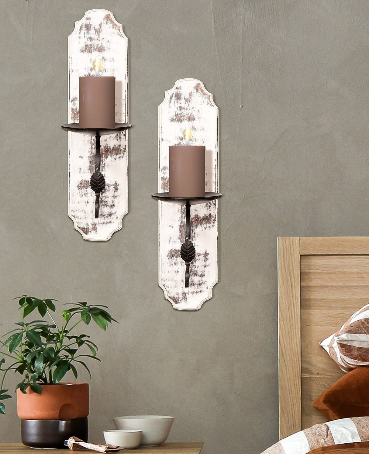 Wallmounted Pillar Candle Sconce,Wall Mount Rustic Candleholders, Wood Candle Holders,Floating Shelves,Hanging Shelf,Farmhouse Wall Décor,Large Wooden Handmade Sconces-15.5x4x6 White Wash Set of 2 Bedding Craft