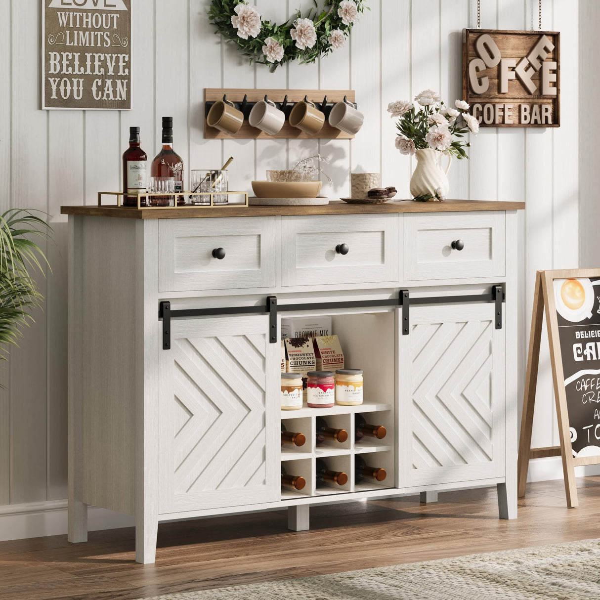 IDEALHOUSE 47.2'' Farmhouse Buffet Cabinet with Sliding Barn Door, 33.4'' Tall Wood Rustic Sideboard with 3 Drawer, Adjustable Shelf and Removable Wine Rack for Dining Room, Kitchen, White IDEALHOUSE