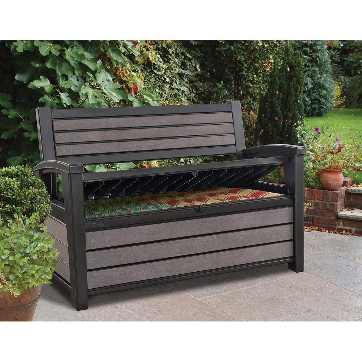 Keter Hudson 60 Gallon Capacity Plastic Resin Weather Resistant Outdoor Home Backyard Storage Bench/Deck Box Chest Patio Furniture, Gray Keter