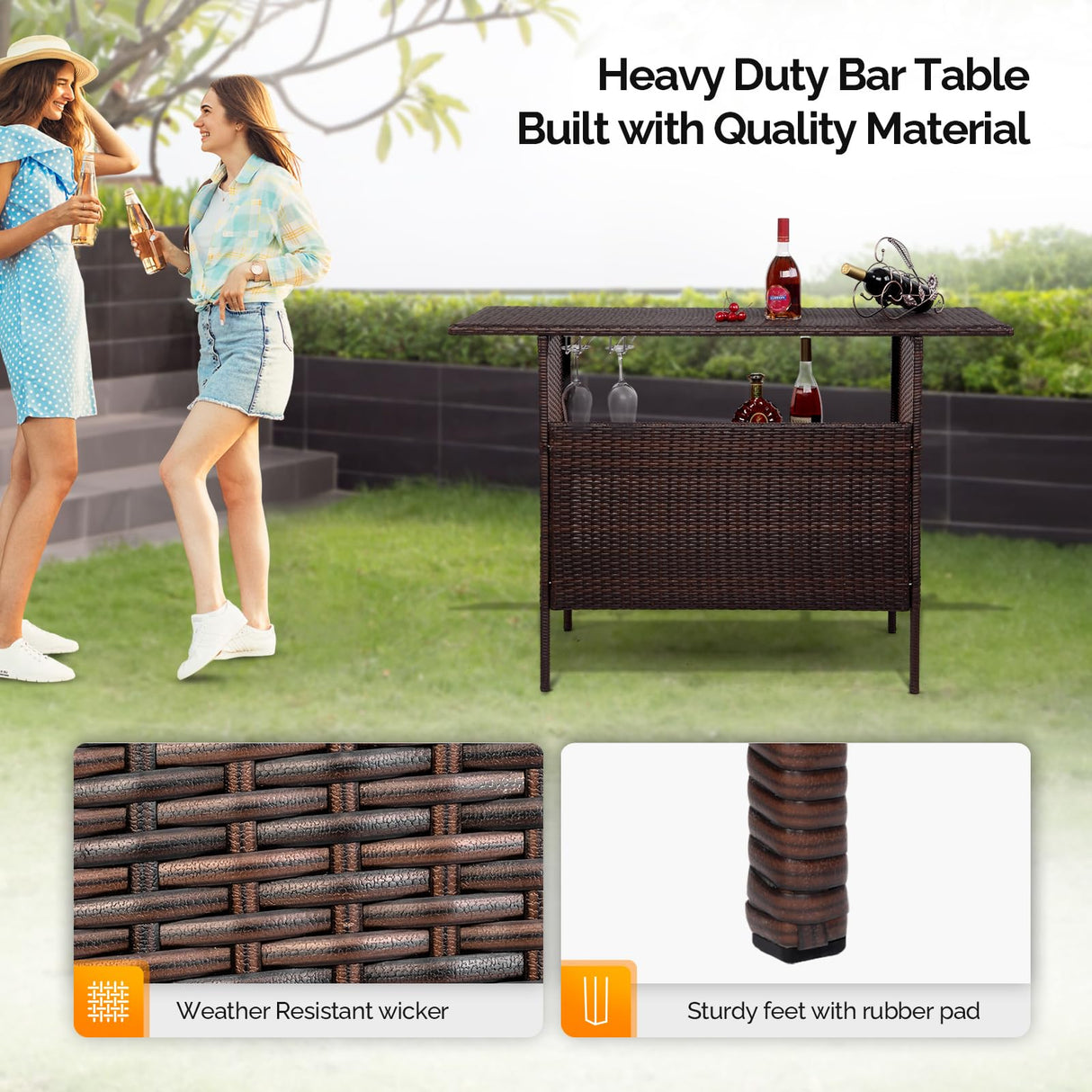 VINGLI Wicker Outdoor Bar Table with 2 Steel Shelves, Sets of Rails, Rattan Patio Storage for Backyard, Poolside, Garden VINGLI