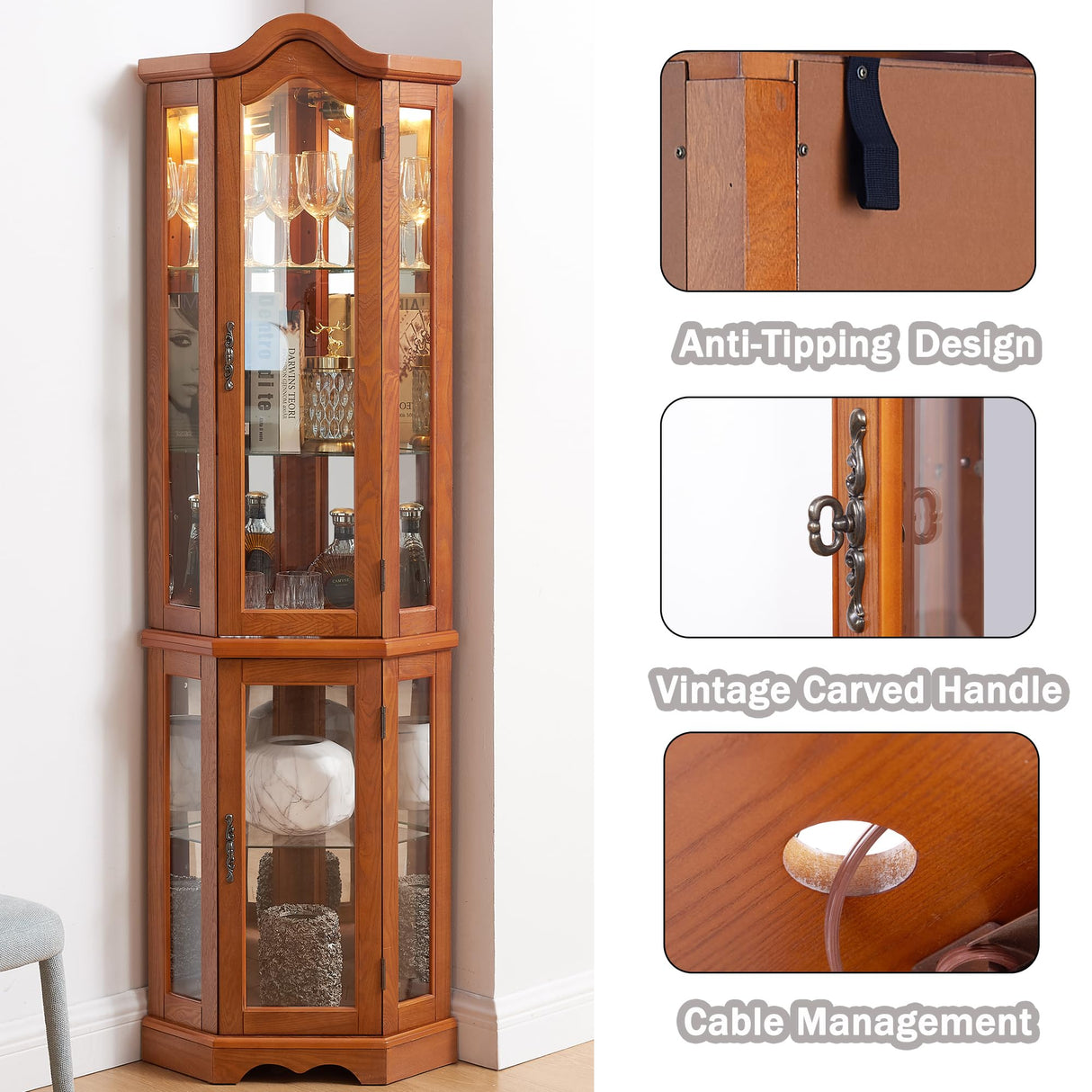 XZTUAJ 66" H Lighted Corner Curio Cabinet, 5 Tier Glass Display Cabinet with Adjustable Shelves and Mirror Back Panel, Corner Curio Storage Rack Wood Display Case for Living Room & Kitchen (Oak) XZTUAJ