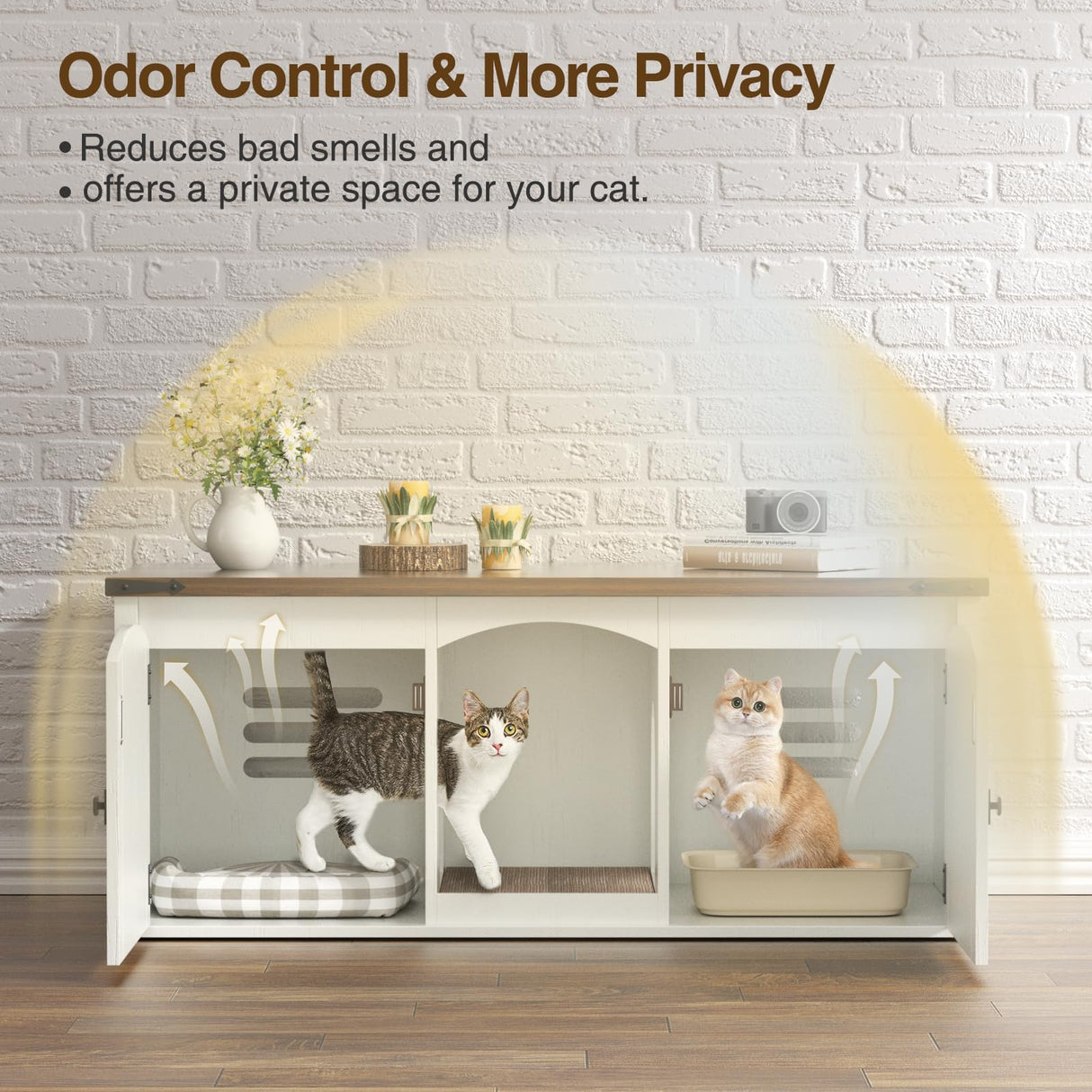 Halitaa Double Cat Litter Box Enclosure, Hidden Litter Box Furniture for 2 Cats, Farmhouse Cat House with Scratch Pad for 2 Litter Boxes, Wooden Enclosed Litter Box Furniture, Entryway Bench, White Halitaa