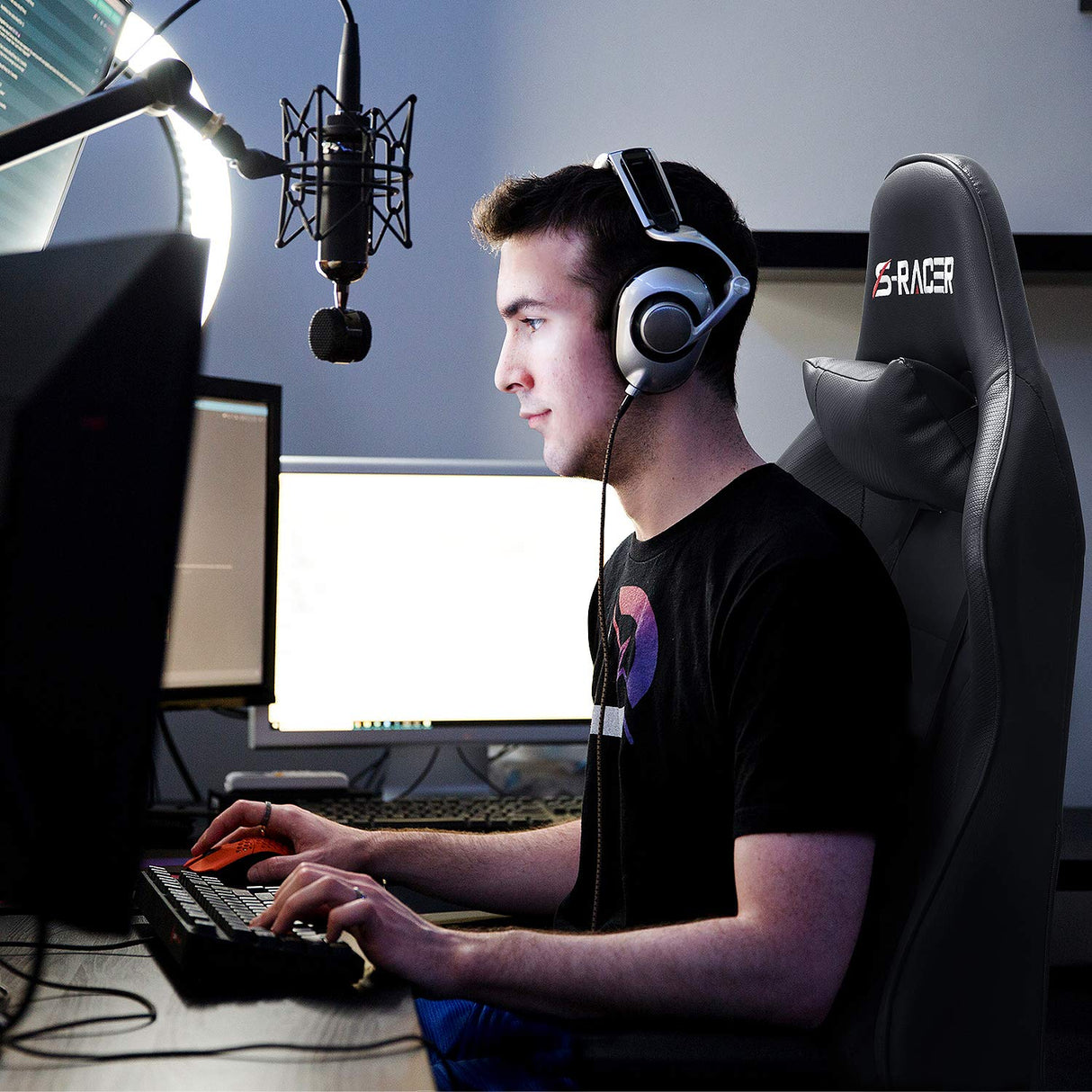 Homall Gaming Chair Computer Office High Back Leather Gamer Desk Chair Ergonomic Adjustable Swivel Racing Chair with Headrest and Lumbar Support (Black) Homall