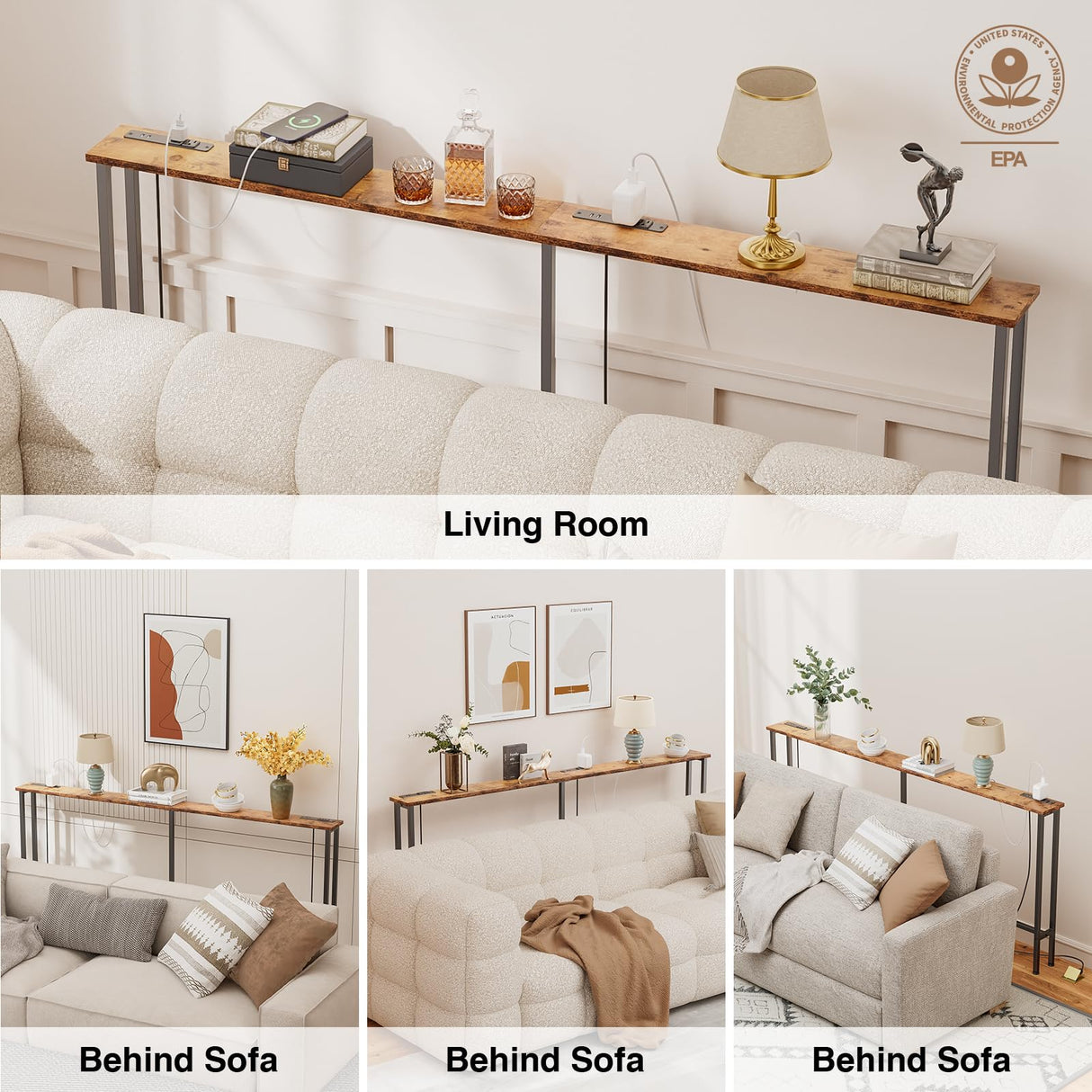 Keelian 70" Narrow Console Sofa Table - 2 Power Outlets & 2 USB Ports, Metal Frame, Rustic Brown, Perfect for Hallway, Office, and Behind Sofa - Easy Assembly, 4.9" Extension Cord Included Keelian