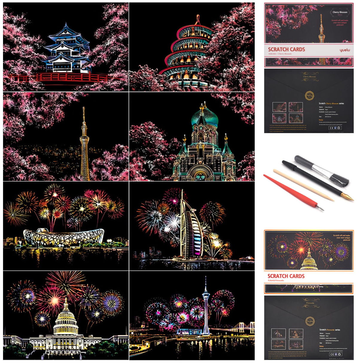 Scratch Art for Adults and Kids-City Landmarks Scratch Painting Craft Kit (8 Sheets A4)|DIY Foil Engraving Art Set|Stress Relief Gift for Travel Lovers, Craft Lovers, Home Decor (Firework&Sakura) BOTEEN