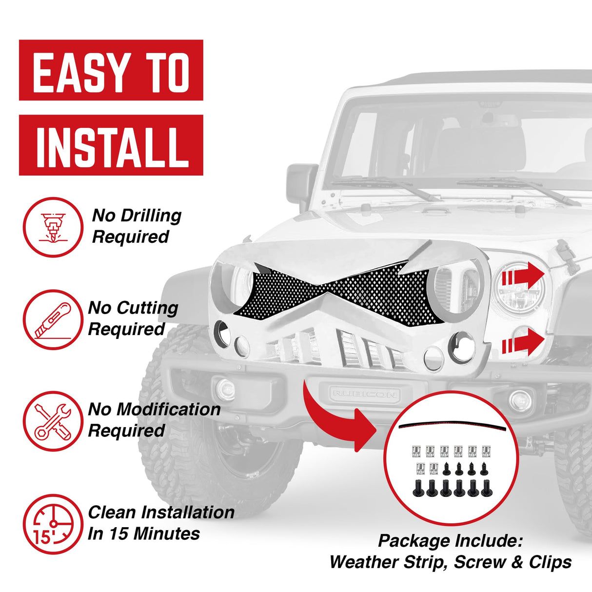 AMERICAN MODIFIED Hawke Front Grille Cover Compatible with Jeep Wrangler, JK/JKU, Rubicon, and Sahara Sport 2007 to 2018 Models, White AM AMERICAN MODIFIED