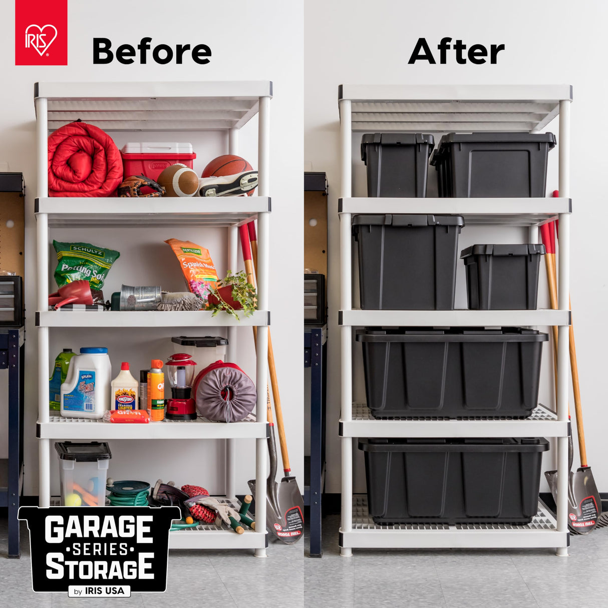 IRIS USA 20 Gallon Lockable Storage Bins with Lids, 6 Pack - Made in USA, Heavy Duty, Stackable Containers, Garage Organizing Bins Moving Tubs, Rugged Sturdy Equipment Utility Box - Black Iris Ohyama