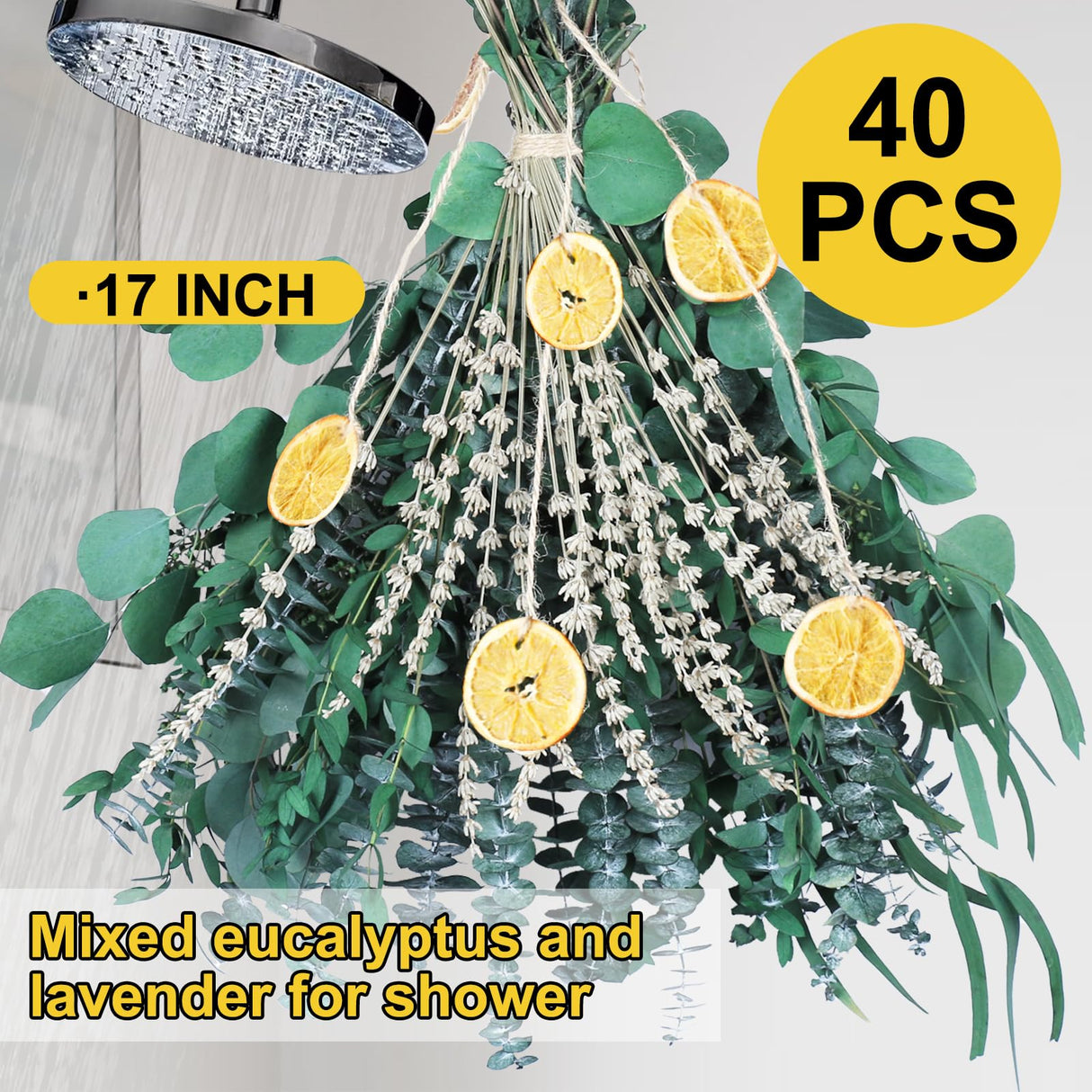 5 Kinds Mixed PCS Dried Eucalyptus & Lavender Flowers Bundle for Shower, 40 PCS 15''-17''Natural Real Fresh Preserved Eucalyptus Leaves and Lemon Shower Hanging Plants, Home Bathroom Decor, Fragrance Gifugi