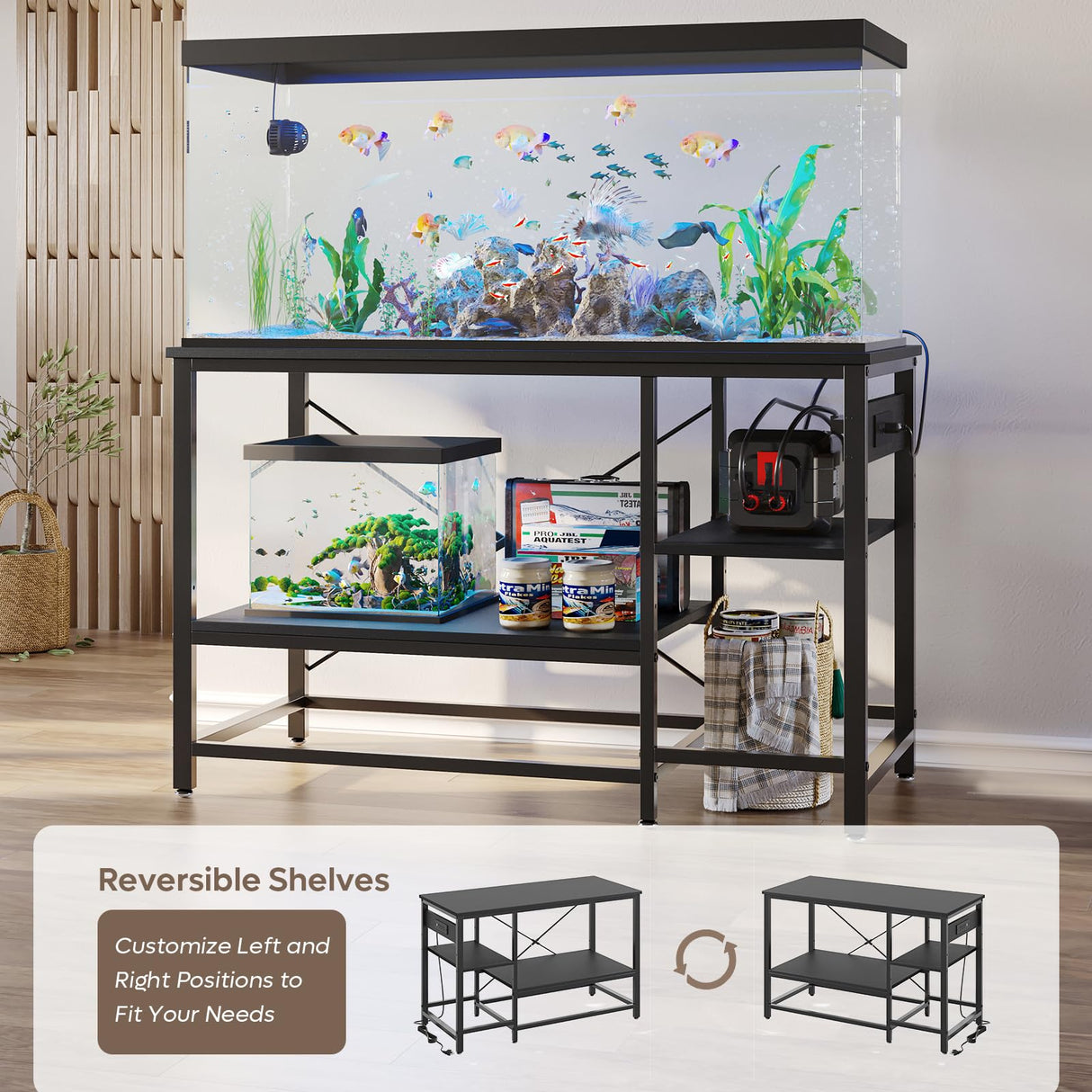 Bestier 55 Gallon Fish Tank Stand with Power Outlet, 49x13 Metal Aquarium Stand, 6-Leg Long Reptile Tank Stand with 3-Tier Adjustable Storage Shelves, 700LBS Capacity, Black Oak Bestier