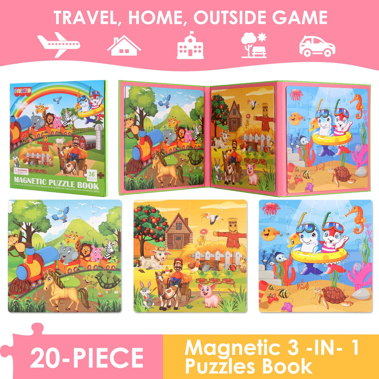 Magnetic Puzzles for Kids Ages 4-6, 20-Piece Travel Toys Animal Toddler Puzzles Ages 2-4, Educational Learning Magnets, Ideal Road Trip Activities Toys for 2 3 4 5 6 Boys and Girls NASHRIO
