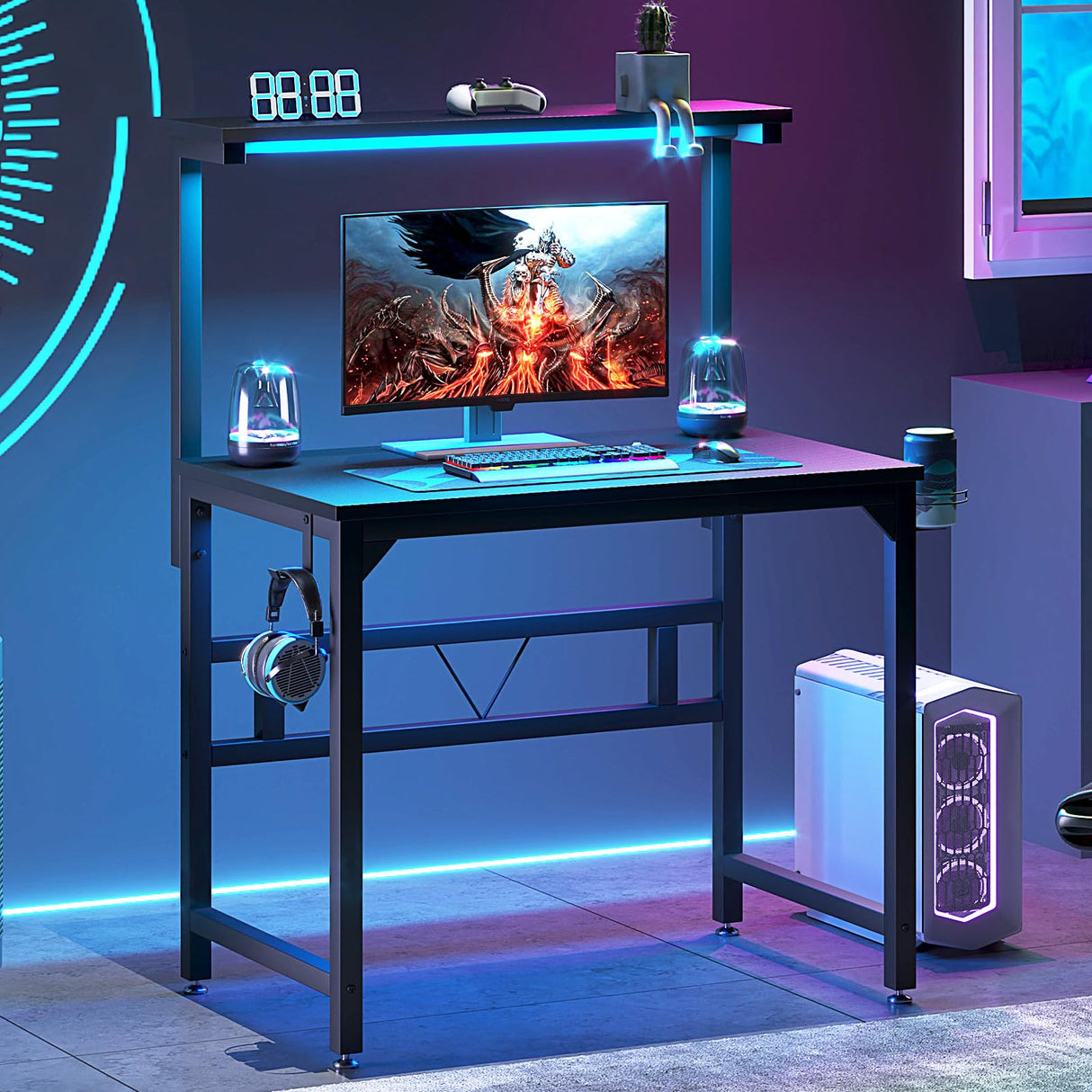 TREETALK Gaming Desk with Power Outlets & LED Strip Lights,80CM Industrial Writing Desk with Adjustable Monitor Stand, Cupholder and Headphone Hook for Home Office Black TREETALK