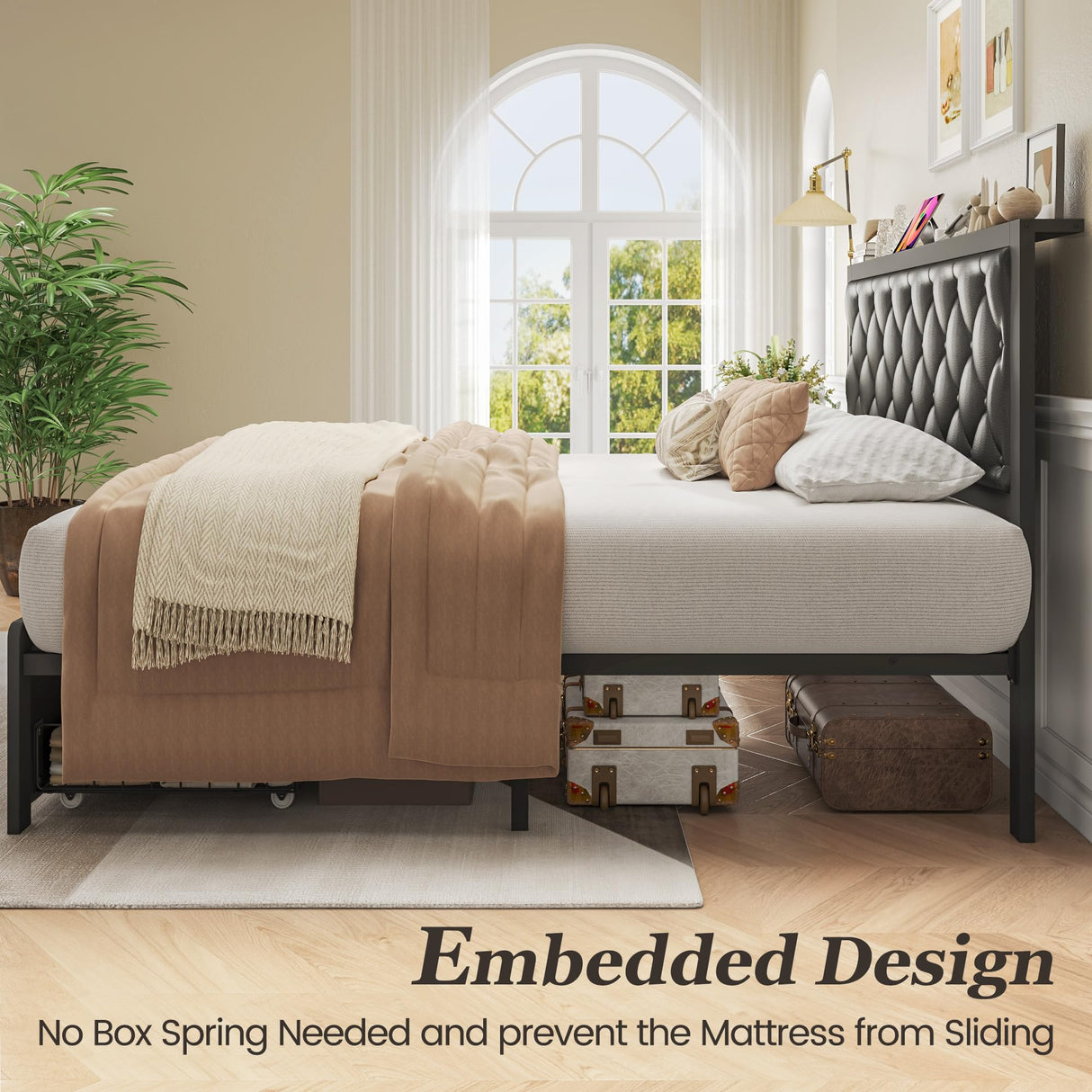 Fluest Queen Bed Frame with 2 Storage Drawers, Upholstered Headboard Button Tufted Bed Frame with Charging Station, No Box Spring Needed, Noise-Free, All Metal Structure, Black Fluest