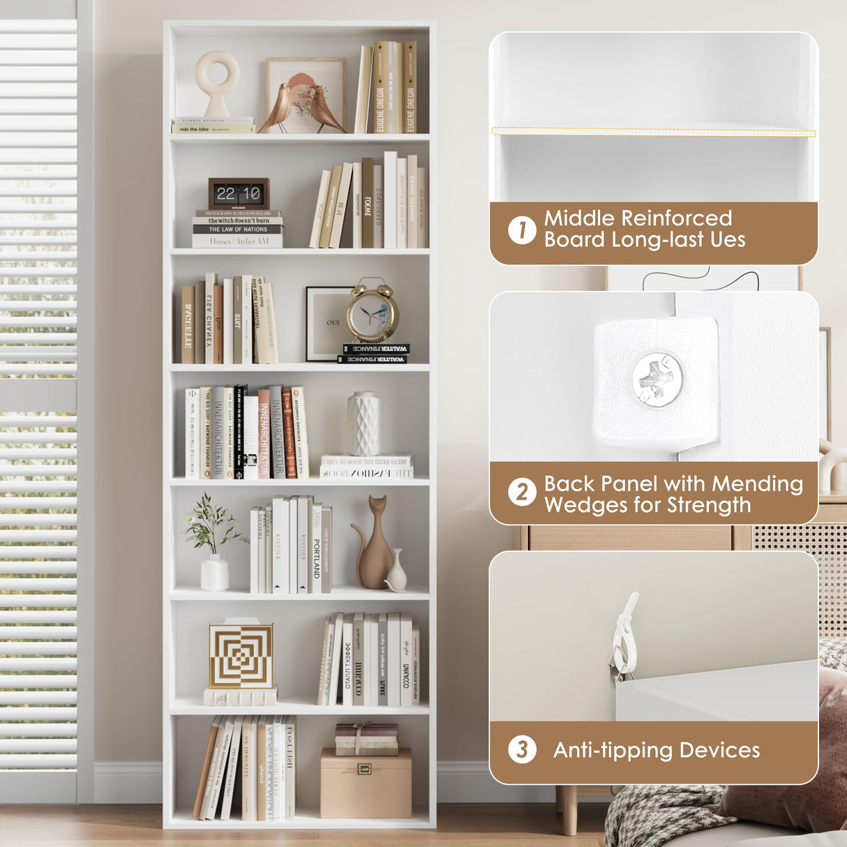 FACBOTALL 82" Tall Bookshelf, 7-Tier Open Shelves Bookcase, Freestanding Display Storage Shelves, Tall Bookcase Home Decor Furniture for Home Office, Living Room, Bedroom, White FACBOTALL