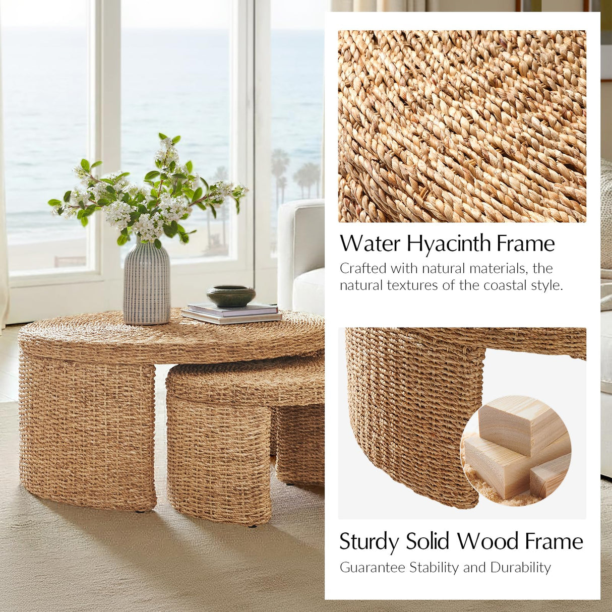 HULALA HOME Coastal Nesting Rattan Coffee Table, Large 39.75" and Small 24.5" Tables, Natural Water Hyacinth Bamboo Frame HULALA HOME