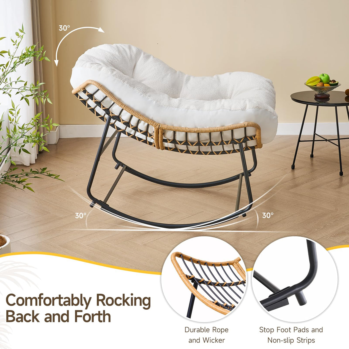 ONBRILL Outdoor Rocking Chairs, Oversized Papasan Rocking Chair Indoors with Padded Cushions, Rattan Wicker Lounge Chair for Living Room, Porch, Patio, Garden ONBRILL