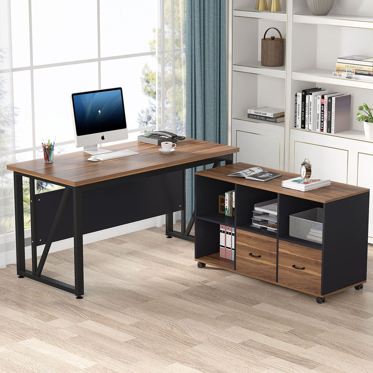Tribesigns 55 inches Executive Desk and 43" lateral File Cabinet, L-Shaped Computer Desk Home Office Furniture with Drawers and Storage Shelves, Office Table with Cabinet (Walnut, 55) Tribesigns