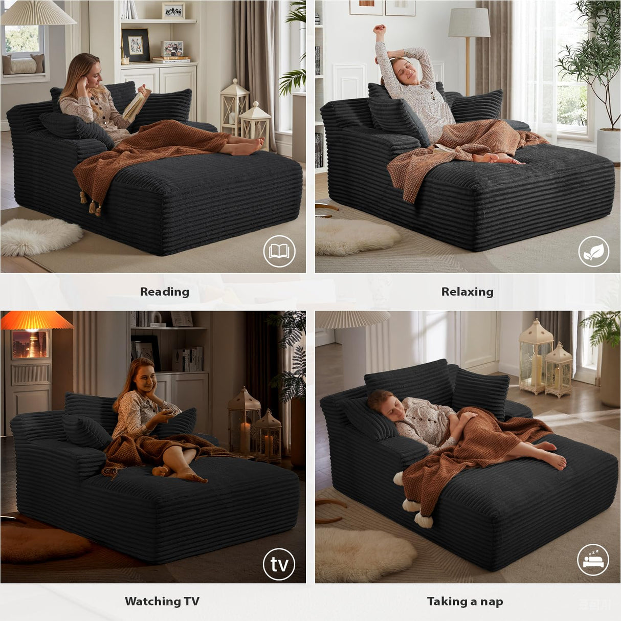 67 Inch Oversized Chaise Lounge Chair Indoor, Corduroy Upholstered Boneless Sofa Bed, Deep Seat Sleeper Couch Reading Chairs, Cloud Sofas Couches for Living Room, No Assembly Required (Black) HANXIN