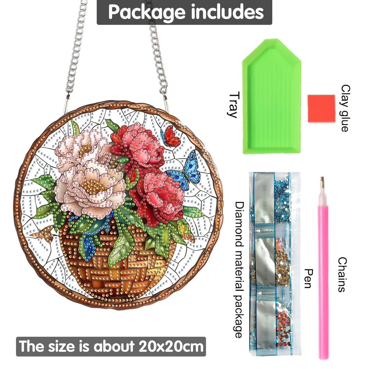 Yomiie Hanging Diamond Art Ornament Kits– DIY Double Sided Acrylic Sun Catcher with Flowers, Front Door Sign & Porch Decor, Crystal Diamond Painting Pendant for Home, Garden, Windows (8x8 inch) Yomiie