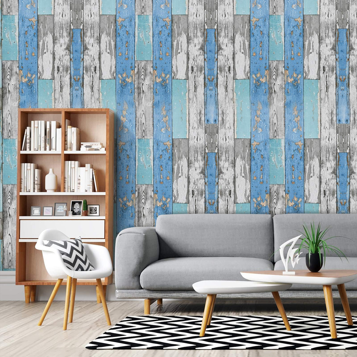 Caltero Wood Plank Wallpaper 17.7" × 236" Blue Distressed Wood Wallpaper Peel and Stick Wood Grain Contact Paper Vintage for Furniture Bedroom Countertop Cabinet Caltero